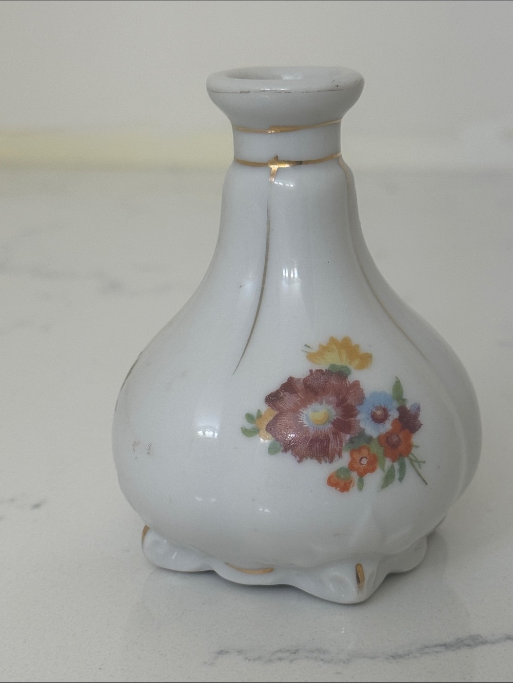 Vintage perfume bottle/Floral Porcelain Bud Vase with Gold Trim by High Mount